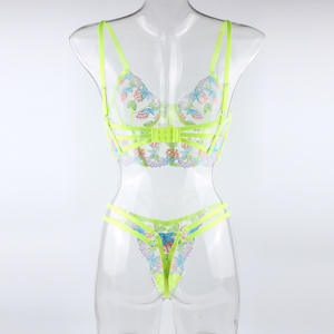 Luxus Dessous Sexy Blumen stickerei Set Frau 2 Stück Bügel BH Riemen Exotische Intime Neon grüne Unterwäsche - Product Image 6