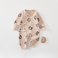 Barboteuse nouée pour bébé en pur coton à manches longues, imprimé ours mignon, avec fermeture à boutons-pression à l'entrejambe, combinaison pour nourrisson, vêtement de détente pour bébé