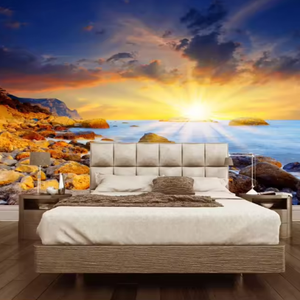 Tranquille côtier coucher de soleil 3d papier peint décoration de la maison Rocky Shore & Sunburst Relaxation murale personnalisée - Product Image 1