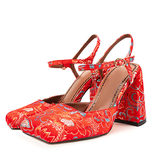 Sandales à talons hauts épais pour femme, grande taille 45, à bout carré, motif floral, en soie, pour soirée, coupe large, avec boucle de cheville - Product Image 4