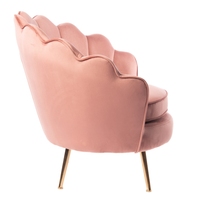 Chaise élégante en velours en forme de pétale de lotus, avec pieds en métal doré et revêtement en tissu.