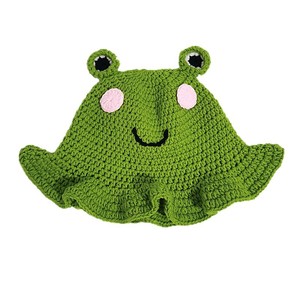 PARTYMENT Bonnet en tricot à bord festonné, motif dessin animé amusant, fait main, pour femmes, hommes et garçons, style bonnet de pêcheur ou bonnet bob en crochet motif grenouille - Product Image 6
