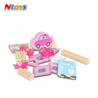 298 PCS Rumah Boneka Miniatur Kayu Warna Pink, Blok Bangunan Mainan Kayu untuk Anak Perempuan