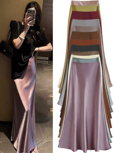 <span class=keywords><strong>Jupe</strong></span> en <span class=keywords><strong>satin</strong></span> élégante de style français, vintage, luxe léger, drapé, pour femmes, printemps automne, taille naturelle, hanche, queue de poisson, longueur au sol, 131 - Product Image 1