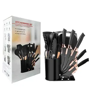 19 PCS Knife Set With Block Silicone Cooking Utensil Set With Knives Scissors And Cutting Board Kitchen Utensils