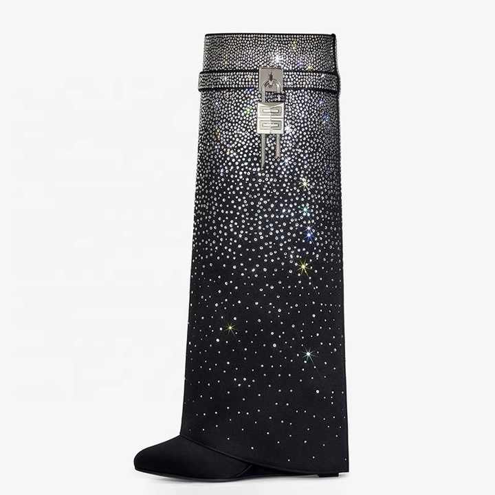 Round Toe Wedge Rhinestone Lock Shark Buckle Knee-high Boots