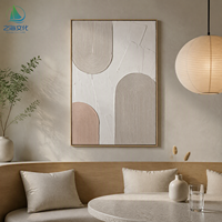 Peinture murale abstraite texturée en relief, rose blush gris, peinture à motifs 3D avec cadre doré