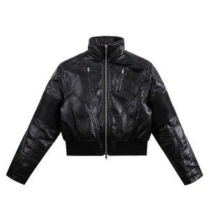 Blouson en cuir matelassé pour <span class=keywords><strong>homme</strong></span> et femme, en <span class=keywords><strong>peau</strong></span> <span class=keywords><strong>de</strong></span> <span class=keywords><strong>mouton</strong></span> véritable épaisse, avec col montant et empiècements, style motard et universitaire - Product Image 1