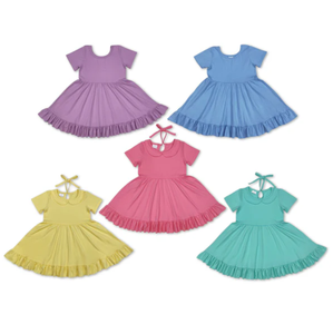Vente en gros de robes pour filles, robes à volants de couleur unie, boutique pour tout-petits, col Peter Pan, manches courtes, robes d'été - Product Image 1