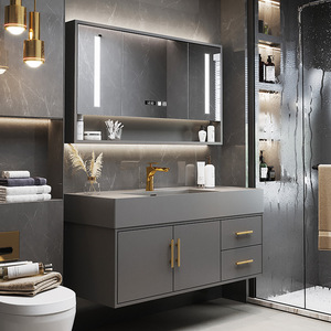 Nouvelle vanité de salle de bain grise avec armoire miroir en nid d'abeille, comptoir gris, vasque intégrée courbée à chaud et corps mural - Product Image 2