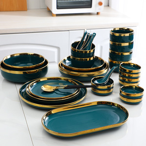 Service de <span class=keywords><strong>vaisselle</strong></span> en porcelaine OEM élégant, assiettes à dîner en céramique vertes émaillées avec bord doré pour restaurant et cuisine - Product Image 6