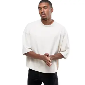 New Design Men Crew Neck Short Sleeve Super Crop Oversize Hip Pop Style Dropped Shoulder T Shirt In Beige