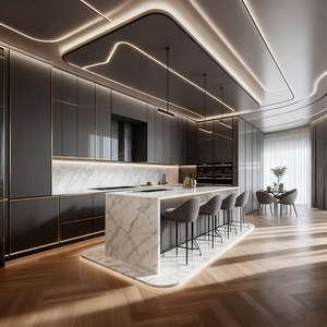 Godi laminate מותאם אישית מעוקל מוכן עץ מלא דירה הסיטונאי דירה מלאה סט cocina ארונות עיצוב - Product Image 2