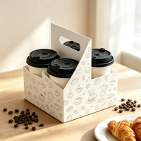 Portavasos Desechable de Cartón Reciclable con Asa, Impresión Personalizada, Grabado en Relieve, para 4 Vasos de Café o Jugo, Acabado Mate