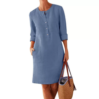 Robe décontractée en coton et lin pour femme grande taille, printemps-automne, avec détails boutonnés, taille naturelle, manches longues, style chemise-jupe