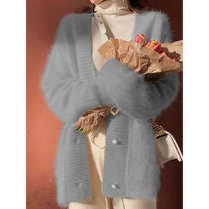 Fuzzy V Neck Button Long Sleeve Casual Winter Women's <b>Cardigan</b> Sweater Coat <b>White</b> - Product Image 1
