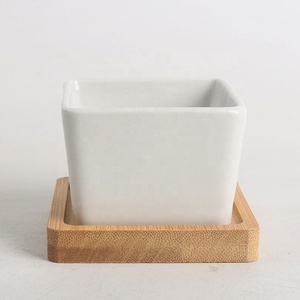 Pot de fleurs en céramique <span class=keywords><strong>rond</strong></span> blanc de grande taille pour plantes d'intérieur, décoration de bureau, avec plateau en bois - Product Image 3