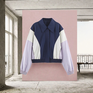 Chaqueta Bomber Corta con Bloques de Color para Mujer, Cuello Vuelto, Cremallera, Manga Larga, Ropa Exterior Casual para Otoño - Product Image 3