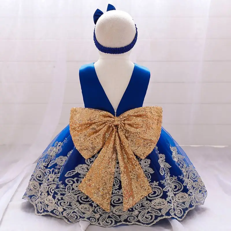 BAIGE Thiết Kế Mới Nhất Màu Xanh Mới Dễ Thương Trẻ Em Sequin Big Bow Quần Áo Váy Bé Gái Sinh Nhật Đảng Dresses