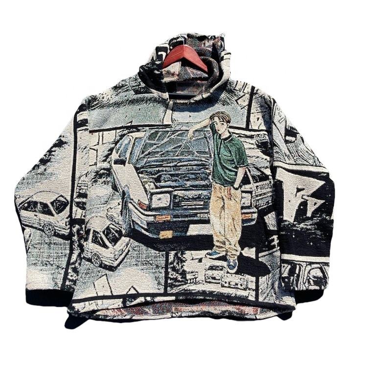 Hot Sales Custom Logo Anime Tapestry Hoodie Adult Woven Fabric Knit  Clothing Spring Season OEM Hooded Sweater