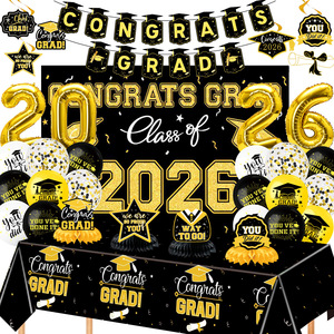 Graduation Party Decoration Set Class Of 2026 Orange <b>Gold</b> Balloons Banners <b>Backdrop</b> Tablecloth Easy Assemble - Product Image 2