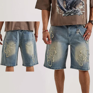 Shorts de mezclilla para hombre, diseño vintage, transpirables, con logotipo personalizado, apliques bordados, corte recto, lavado descolorido, estilo jorts, holgados. - Product Image 1