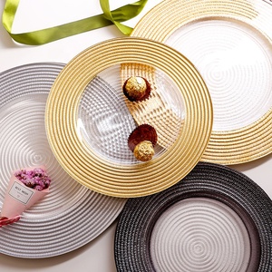 Vajilla Europea y Occidental Creativa, <span class=keywords><strong>Platos</strong></span> de Cristal con Borde Dorado y Plateado de 13 Pulgadas, Diseño de Espiral y Rayas - Product Image 1