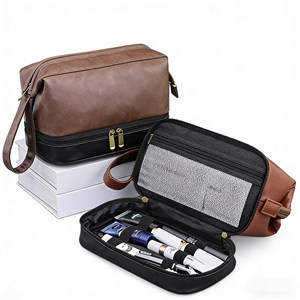 Trousse de Toilette Double Couche pour Homme en Cuir PU – Trousse de Voyage pour Soins et Rasage - Product Image 1