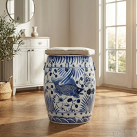 Tabouret Tambour en Porcelaine Chinoise Vintage Bleu et Blanc à Motifs de Poissons, Tabouret Décoratif Multi-usages pour Salon, Patio, Cour et Décoration Intérieure