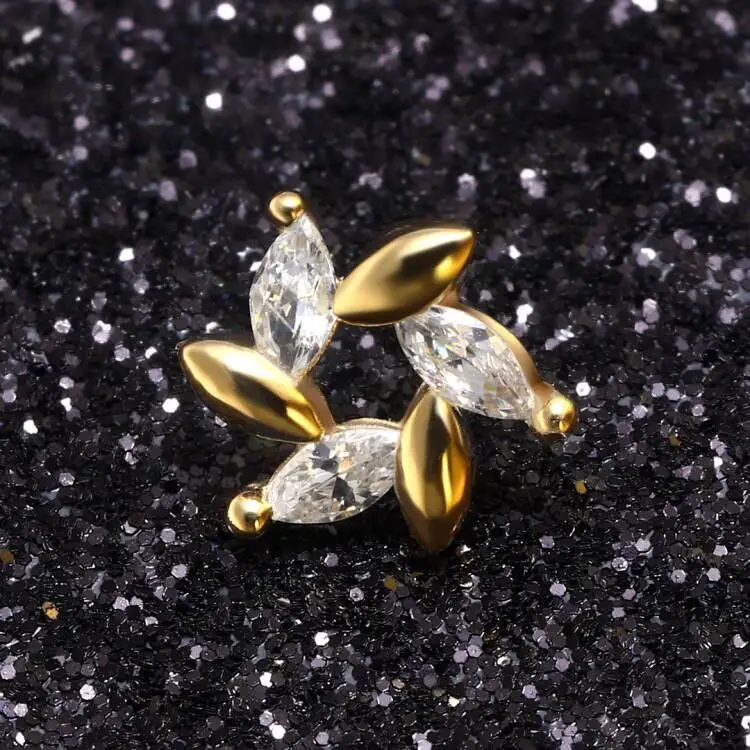 Piercing Stories 14K Yellow Gold Marquise Flower Threadless Piercing Top Jewelry For Labret Earrings