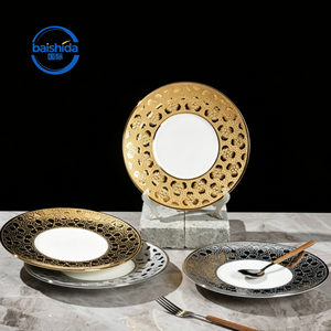 Assiettes de présentation électroplaquées en céramique de style européen, compatibles lave-vaisselle et micro-ondes, pour hôtels et services de traiteur de mariage - Product Image 1
