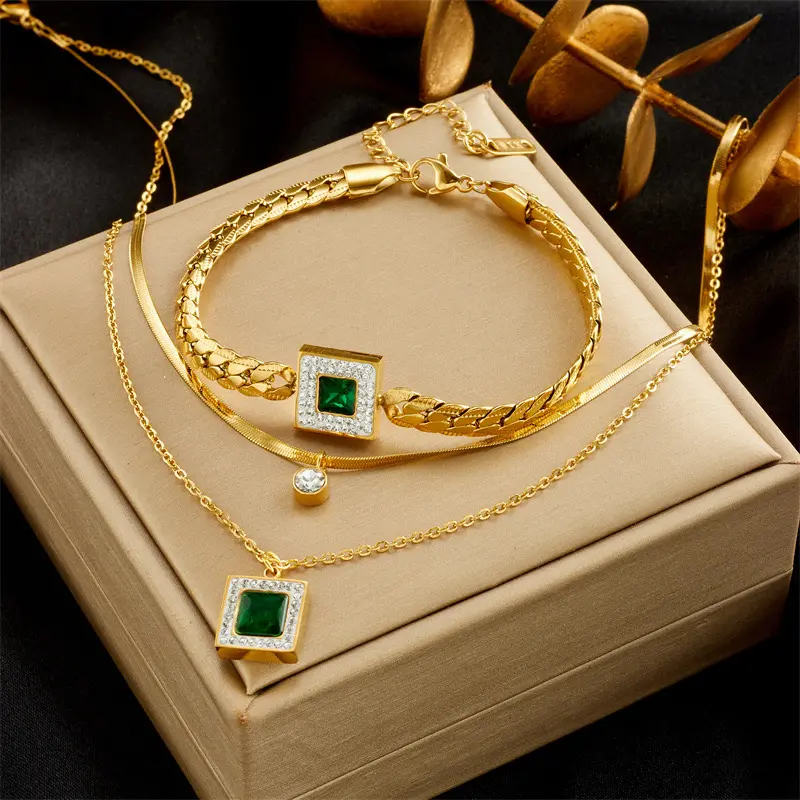 Colar de esmeralda geométrica vintage para mulheres, conjunto de joias fashion com pulseiras ajustáveis para meninas, amostra grátis