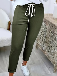 Pantalon court pour <span class=keywords><strong>femme</strong></span>, <span class=keywords><strong>taille</strong></span> <span class=keywords><strong>élastique</strong></span> avec cordon de serrage, ourlet retroussé, coupe fuselée, décontracté, pour le quotidien et les loisirs - Product Image 3