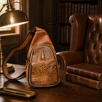 Tas Selempang Kulit Asli Vintage Motif Buaya, Tas Dada Crossbody Buatan Tangan Retro Tahan Air, Tas Bahu Pria