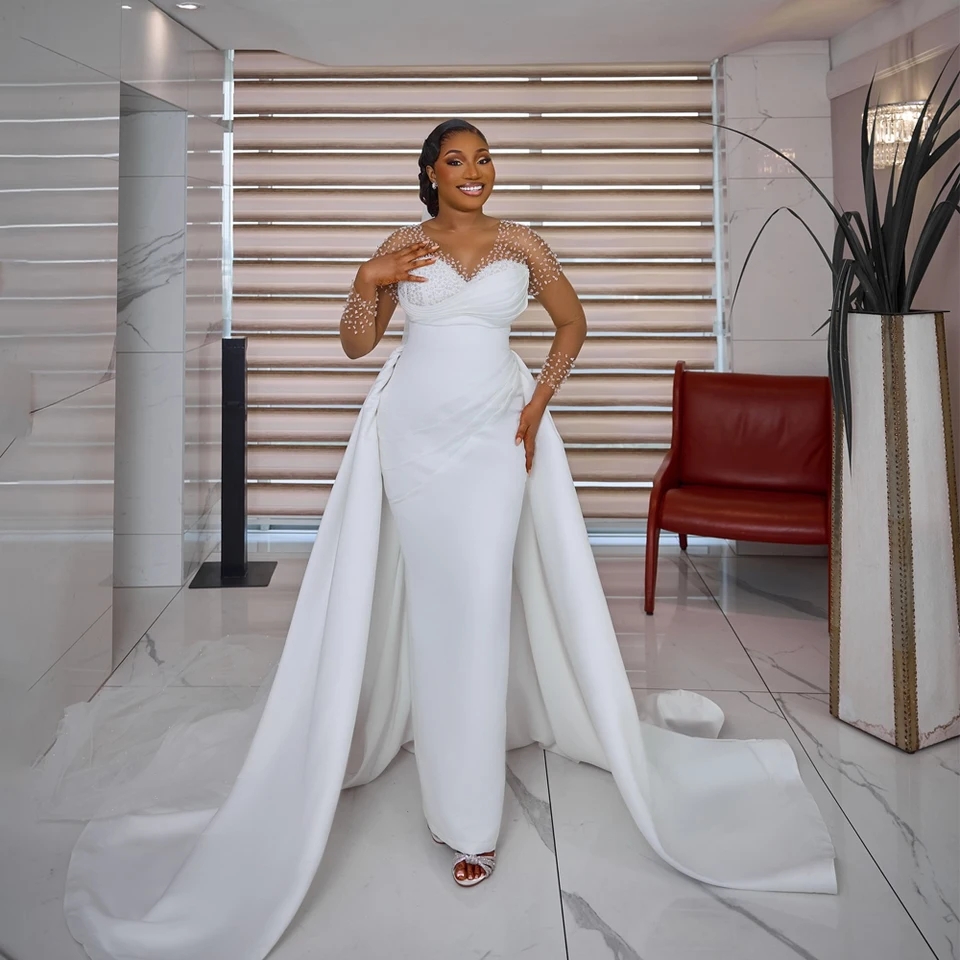 Aso Ebi Beaded Mermaid Wedding Dresses 2 in 1 Full Sleeve Dress Detachable  Train Satin Gorgeous Bridal Gowns Customized| Alibaba.com
