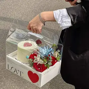 MuTai Folded Clear Pvc Flower Box Transparent Cake I Love You Flower Paper Bags With Handle