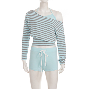 Conjunto casual de tres piezas: top halter picante estilo holgado con rayas y hombros descubiertos, que realza la cintura, y shorts sexys ajustados a la cadera con cordón. - Product Image 6