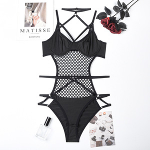 Body de malla transparente con tirantes finos cruzados, lencería erótica sin mangas de una pieza, muy vendido. - Product Image 6