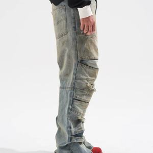 Jeans Vaqueros Anchos de Estilo Vintage, Lavados, Desgastados, Rotos, de Múltiples Secciones, para Hombre - Product Image 3