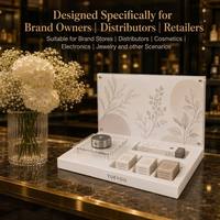 Support de Présentation de Parfum en Acrylique Blanc Brillant Écologique pour Diffuseur d'Arômes, Panneau Arrière Transparent Imprimé, Multiples Emplacements Encastrés, Usage Domestique