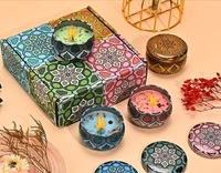 Lot de 4 bougies parfumées en boîte métallique imprimées Mandala Bohème, avec logo personnalisé, fleurs séchées, bougies en cire de soja, idéales pour les mariages et les voyages