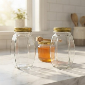 Customized 380ml 730ml Large Belly Hexagonal sealed Transparent Glass Jar with Metal Lid for Honey Jam Storage - Product Image 3