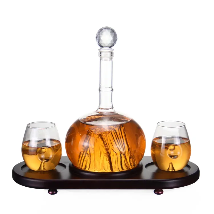 Whiskey Crystal Glass Unusual Mountain Decanter Sets for Alcohol Personalized Set with 2 Glasses and Wood Base for Wine, Lique