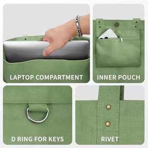 Large Capacity Custom Logo Canvas <strong>Tote</strong> <strong>Bag</strong> Foldable Handbag with Laptop Sve for <strong>Teachers</strong> and Students with Button and Pocket - Product Image 3
