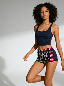 Shorts taille haute bleu marine à imprimé lèvres pour femme – Respirants, décontractés, confortables, avec taille élastique, parfaits pour se détendre et dormir - Product Image 5
