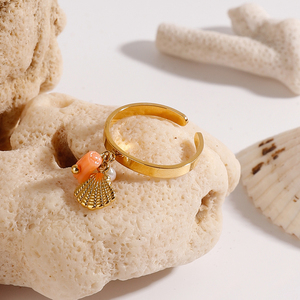 J&amp;D Ocean Dainty 18K Gold Plated <strong>Stainless</strong> <strong>Steel</strong> Open Ring Pearl Pink Coral Crystal Shell <strong>Chain</strong> for Engagement Fashion Jewelry - Product Image 5