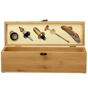 6 buah Set Aksesori pembuka anggur bambu, termasuk pembuka botol dan sumbat botol, penuang, cincin anggur, termometer