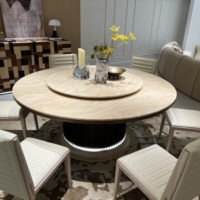 Table à manger rotative de luxe Lazy Susan en marbre naturel avec base en bois massif pour 6 personnes, ronde avec éclairage LED, meubles de salle à manger