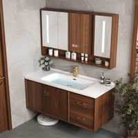 Meja Rias Kamar Mandi Mewah Bergaya Retro dari Kayu Walnut Solid dengan Wastafel, Bak Cuci Keramik Terintegrasi, Kabinet Cermin Pintar, Pemasangan di Dinding