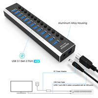 Station d'accueil RSHTECH en aluminium 10 Gbps, concentrateur USB alimenté 72 W, interrupteurs individuels, 13 ports USB 3.1 Hub Gen 2 pour accessoires PC